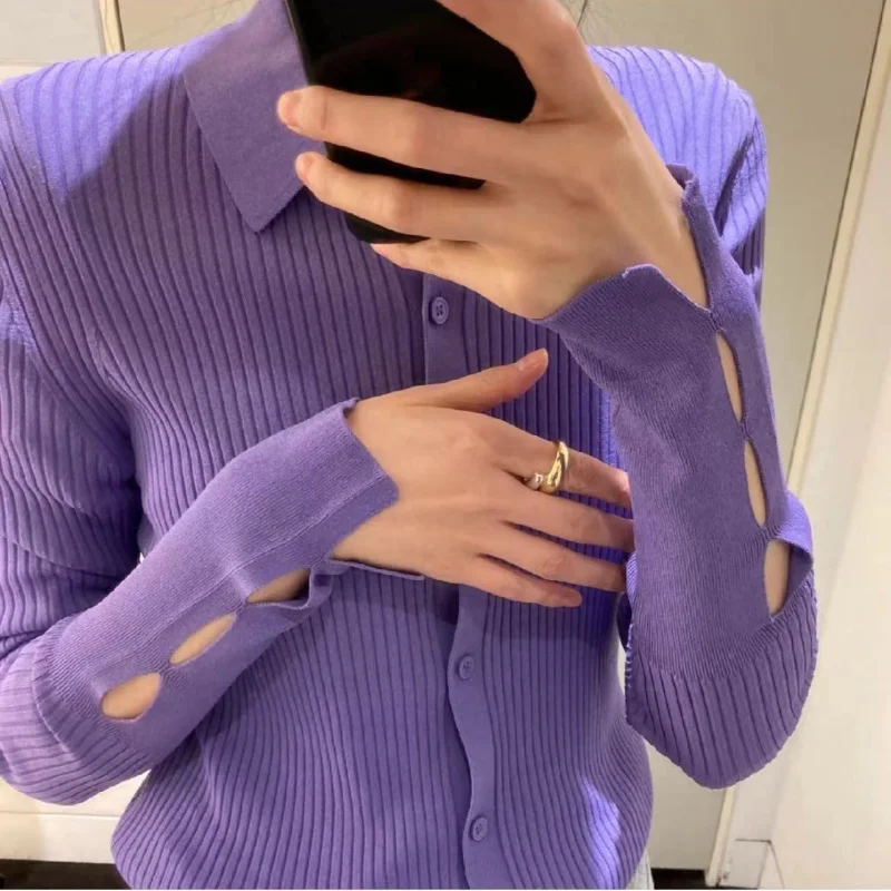 

Women's Clothing Slim Purple Knitted Single Breasted Sweater Cardigan