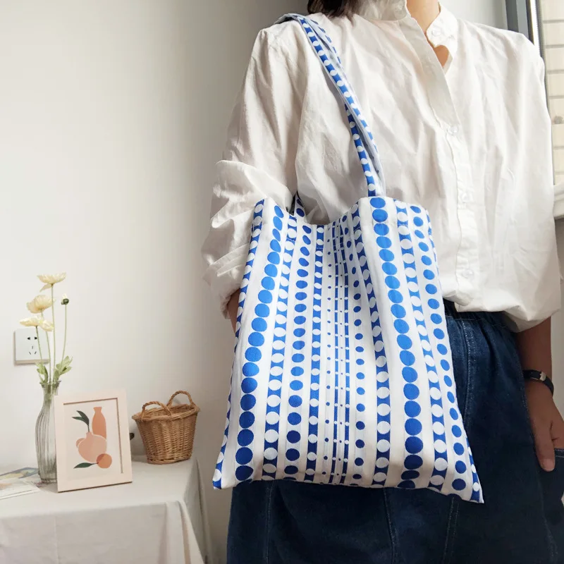 

Women Fashion Blue Dots Fabric Cloth Top-handle Tote Bag Female Vintage Daily Leisure Everyday Grocery Shopping Shopper Handbag