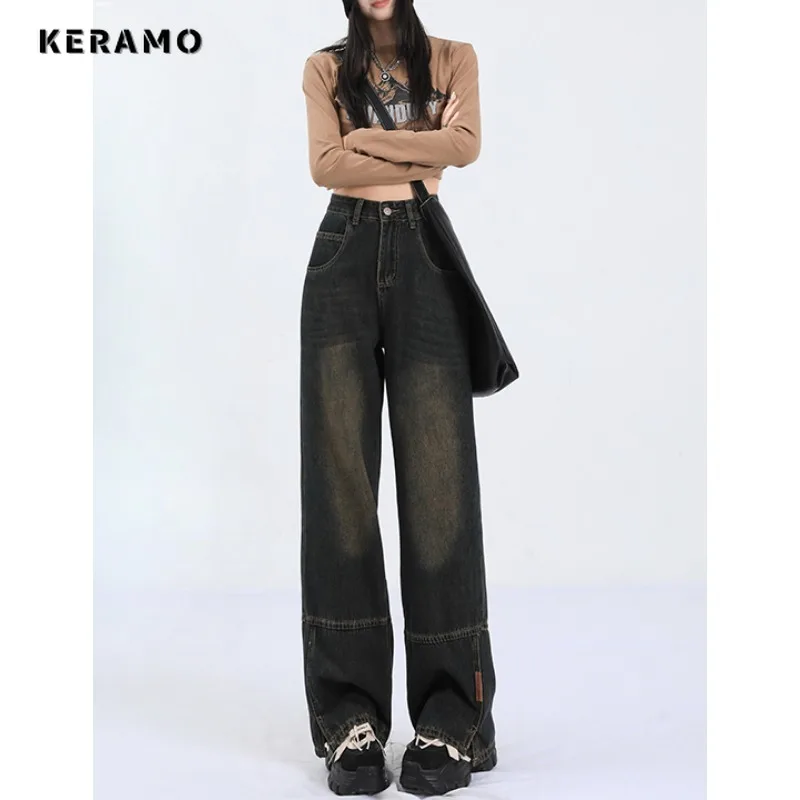 Винтажные синие прямые джинсовые брюки с высокой талией в уличном стиле осень 2023