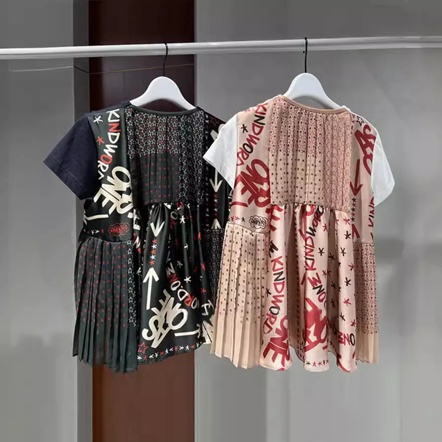 2024New design sense Повседневная футболка с принтом модная со складками и коротким
