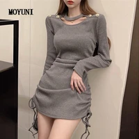 casual black drawstring knitted dress women mini hip robe femme slim long sleeve sexy fashion wild vestido out black ruched