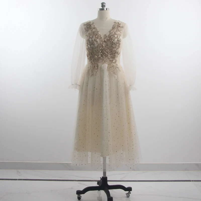 

Champagne Party Dresses Girls Illusion Full Tulle Pleat Sleeves Plus Size V-neck Appliques Knee-length A-line Prom Dress E888