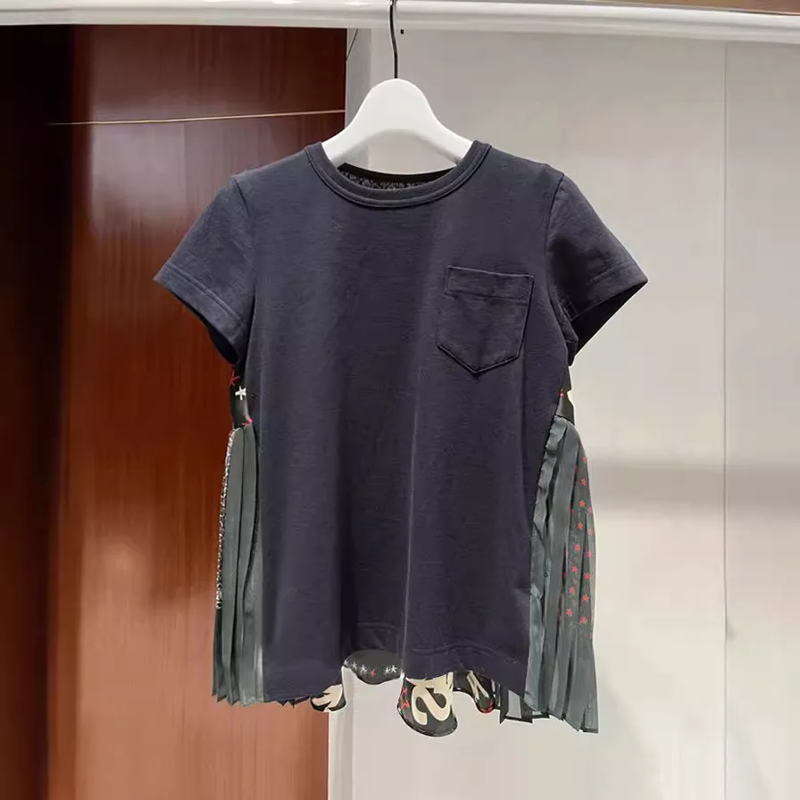 2024New design sense Повседневная футболка с принтом модная со складками и коротким