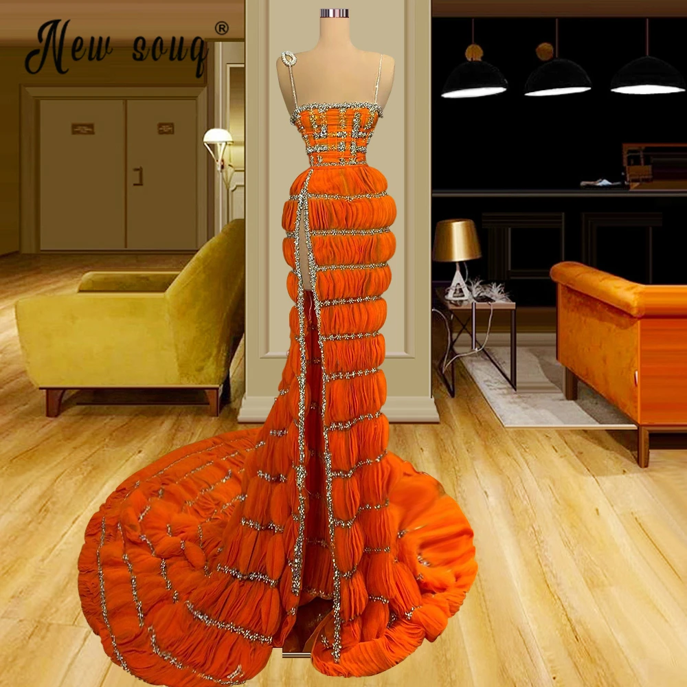 

Luxury Beaded Dubai Design Evening Dress 2022 Fashion Pageant Dresses Orange Sparkly Crystals Prom Party Gowns De Soiree Customi