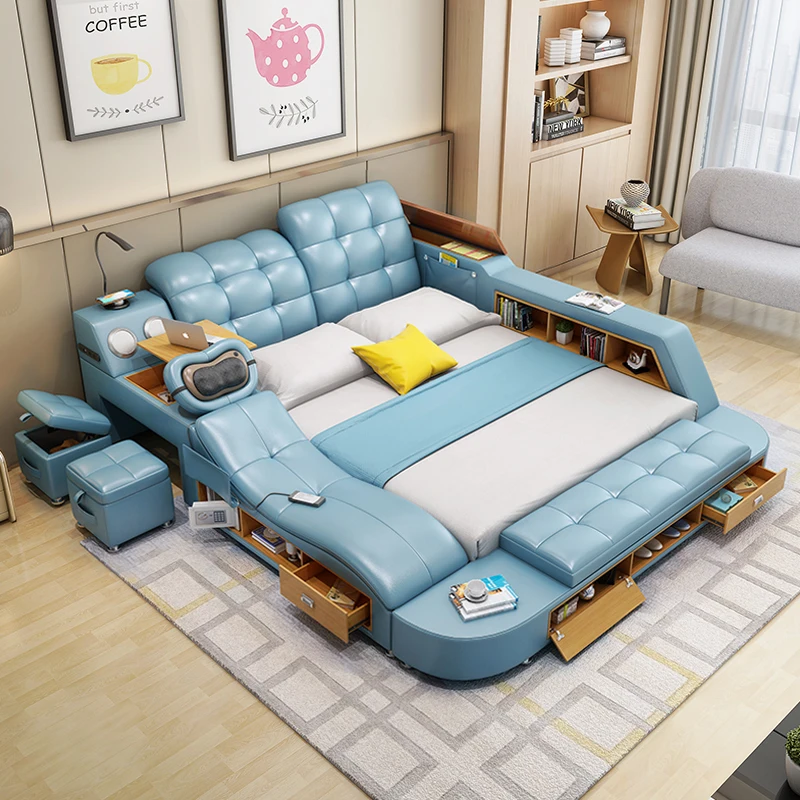 

TuyaTatami Leather Big Bed Simple Modern Master Bedroom Intelligent Sound Massage Storage Double Soft Bag Bed Solid Wood