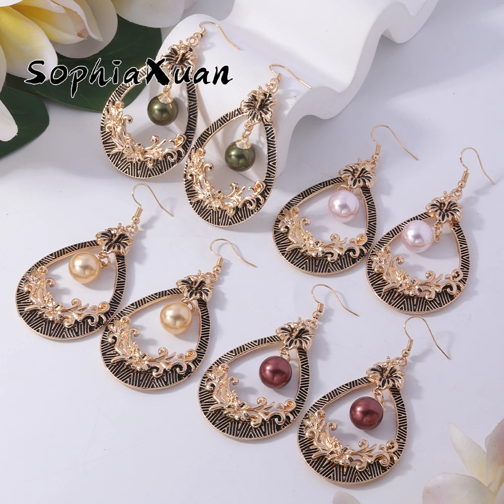 

Sophiaxuan Hawaiian Pearl Dangle Earrings Women 2022 Bohemia Hollow Out Design Jewelry New in Elegant Charm Flower Drop Earring