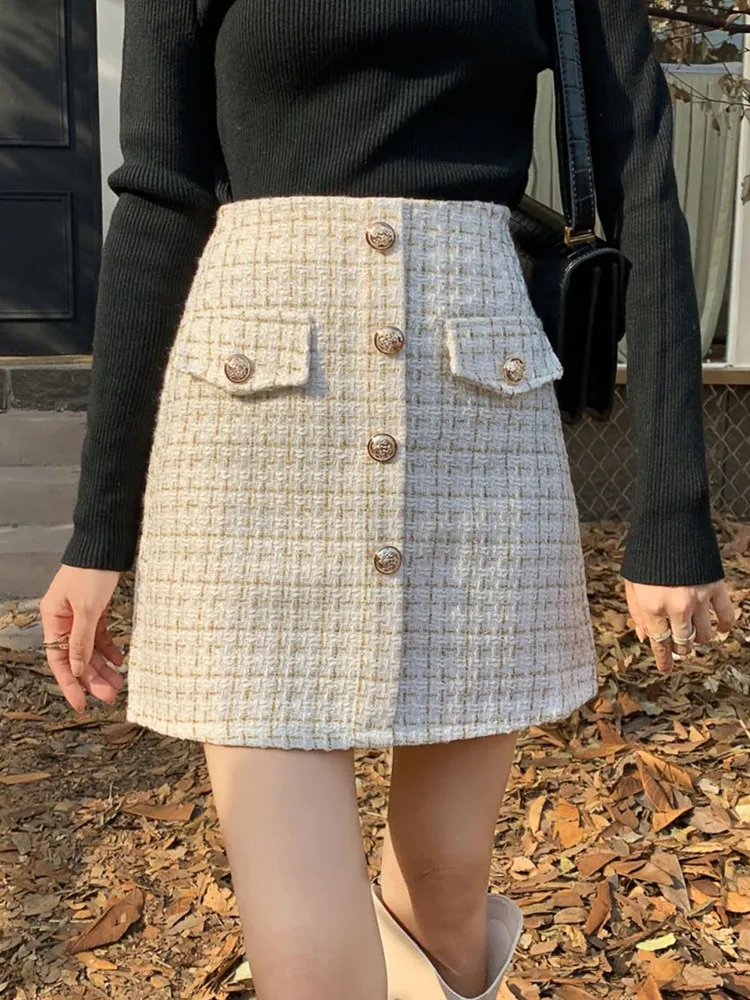 

SMTHMA New Autumn And Winter Small Fragrant Bright Silk Bead Skirt Women's High Waist Woolen A-Line Tweed Short Skirt