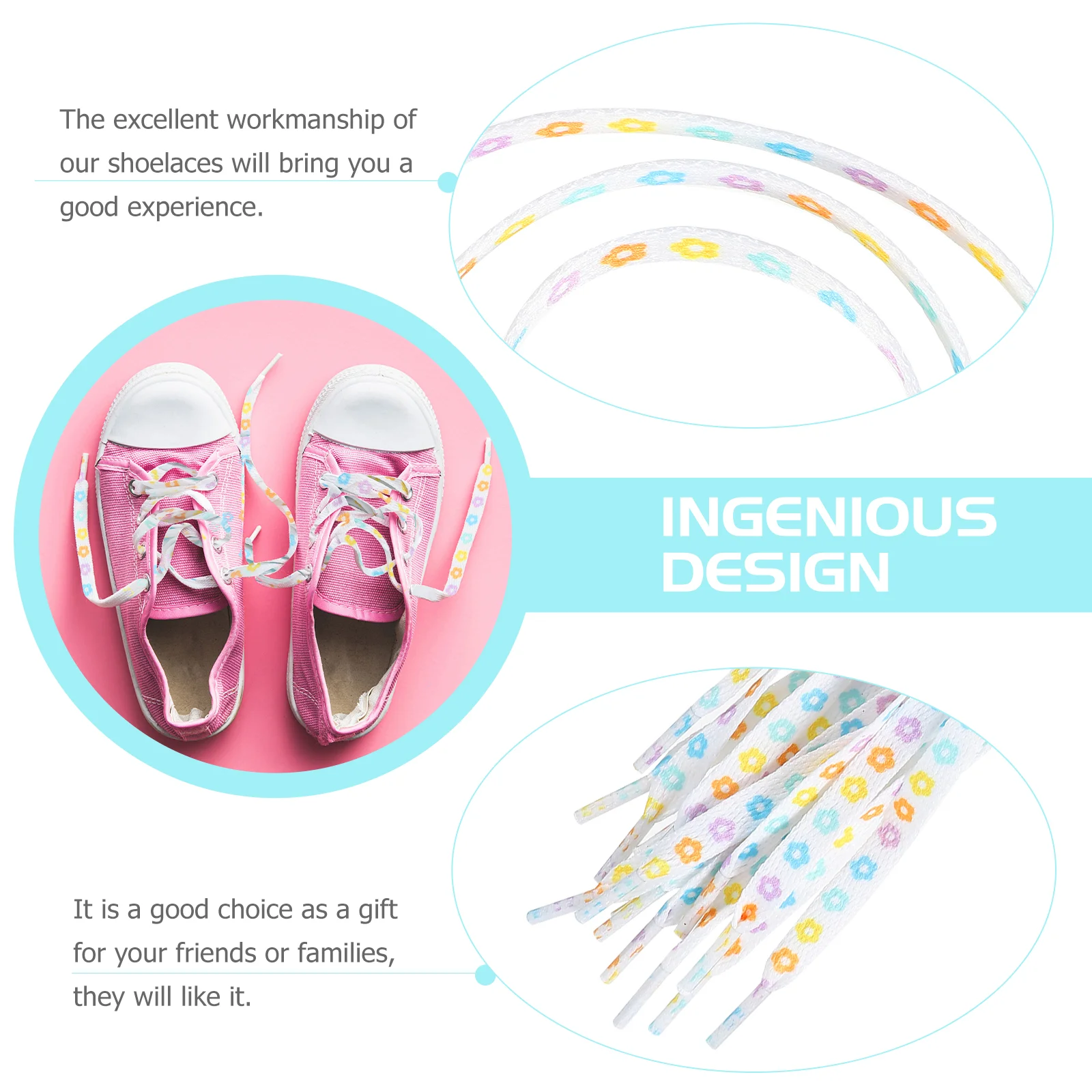 4 Pairs Stretch Laces Sneakers Thick Shoelaces Flat Strings Athletic Navy Blue Flower Pattern Casual Shoes