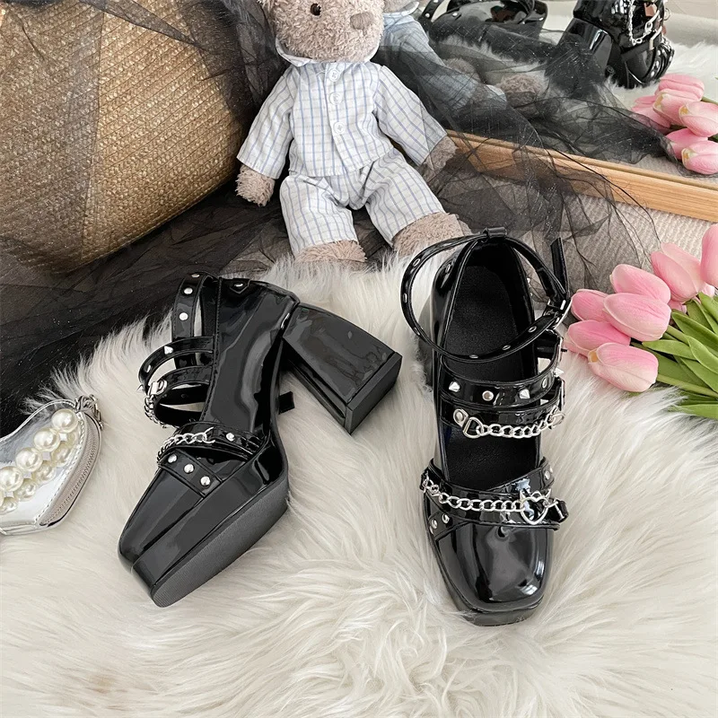 TSTCTB Platform Heeled Mary Janes Pumps For Women Metal Chain Buckle Gothic Black Punk Cosplay Casual JK Street High Heels shoes