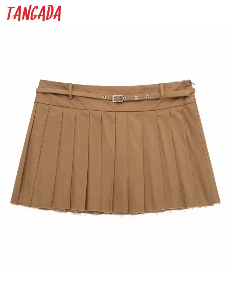

Женская плиссированная мини-юбка цвета хаки, с поясом и высокой талией, с боковой молнией, 3H01