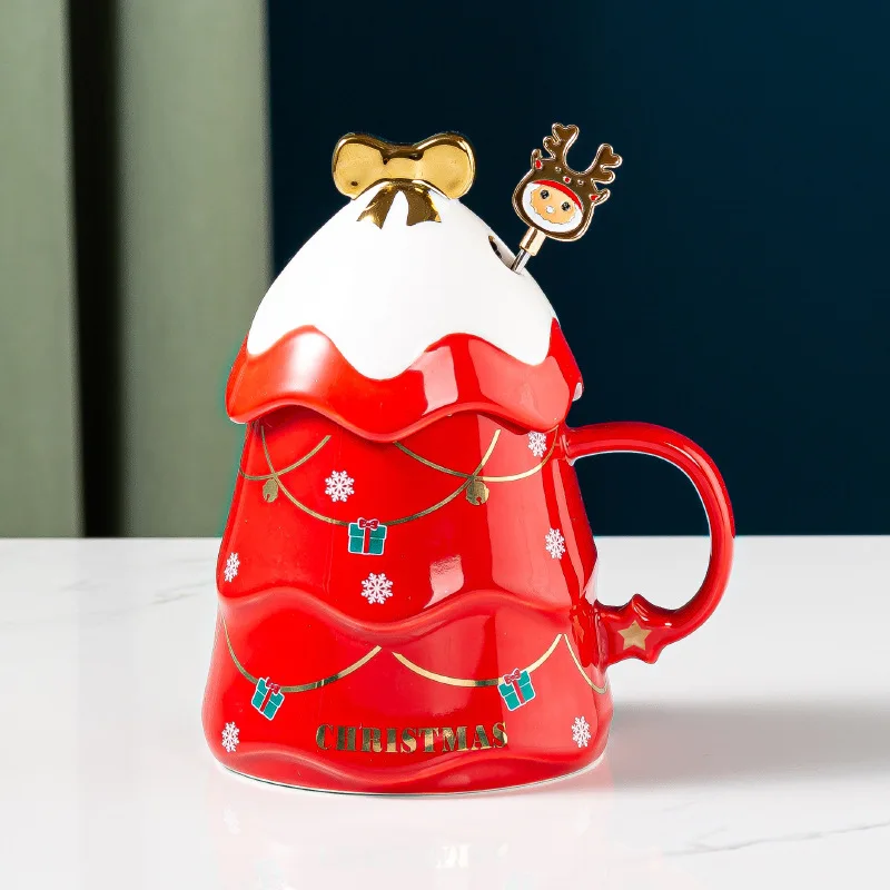 

500ML Creative Christmas Gift Cartoon Ceramic Cup with Lid and Spoon for Girls' Office Couple's Breakfast Milk Oatmeal Cup Set.