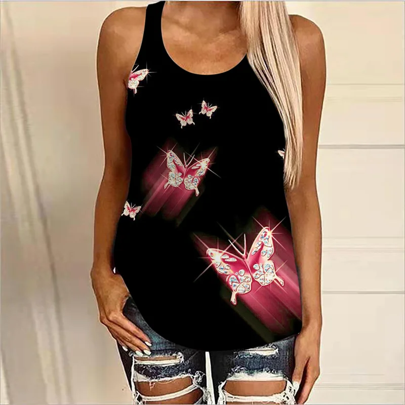 

Лето 2022, женские топы без рукавов, женская модная сексуальная свободная футболка с 3D-принтом бабочки, жилет без рукавов, женские топы
