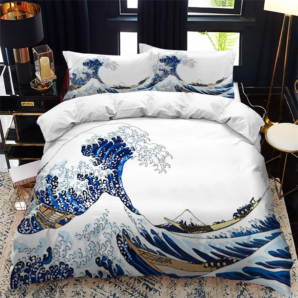 

Japanese-Style Duvet Cover Set King Queen Full Size Ukiyo-e Theme Wave Pattern Polyester Bedding Set Fuji Mountain Exotic
