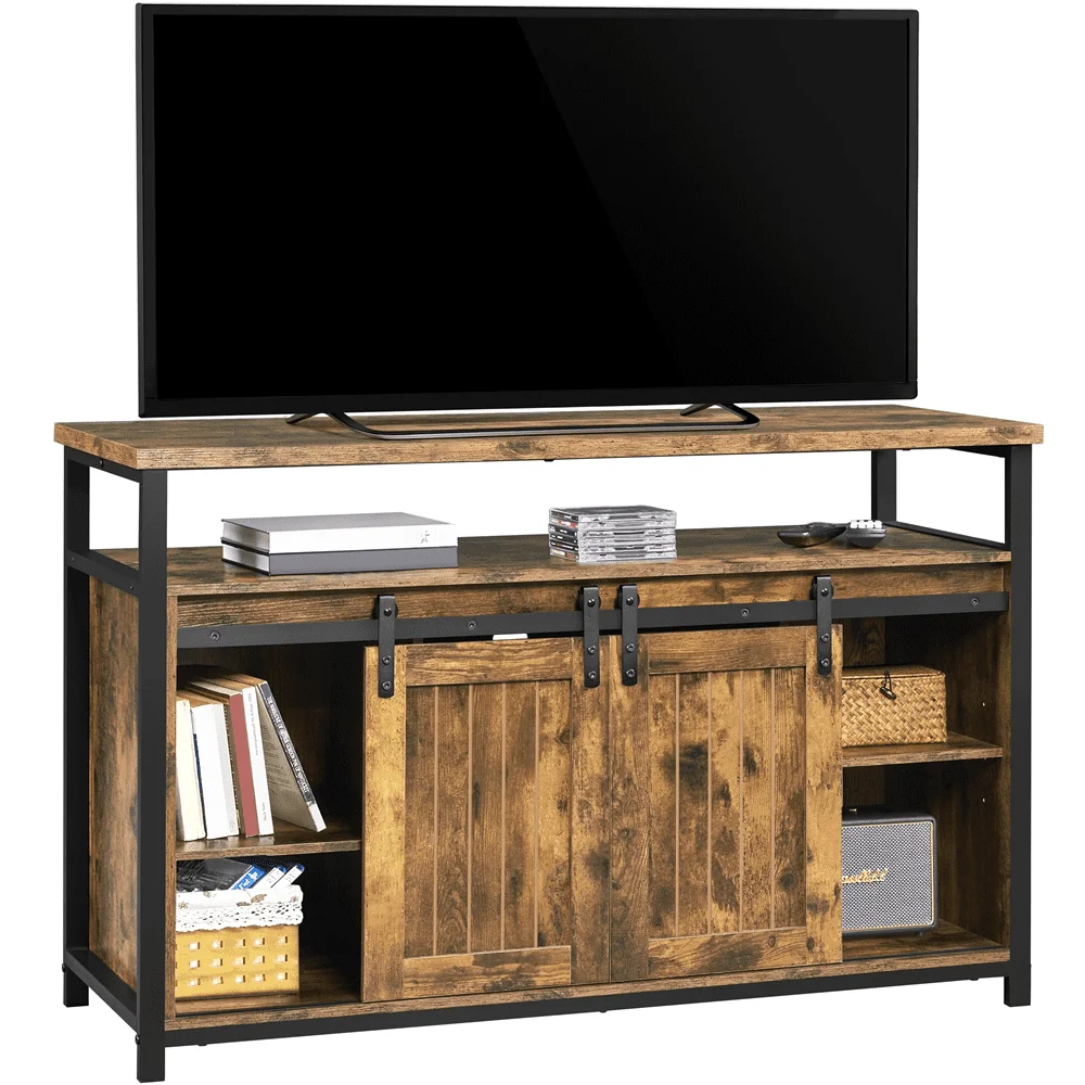 Modern Industrial TV Cabinet for 55-inch TV with Sliding Barn Doors, Rustic Brown