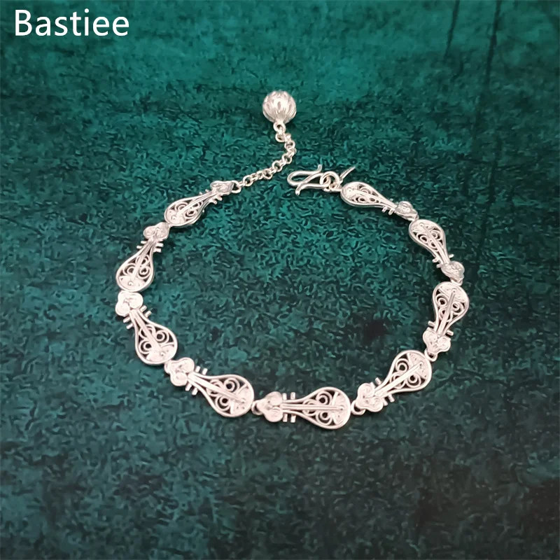 

Bastiee 999 Sterling Silver Bracelet for Women Chinese Geometric Pipa Ethnic Miao Handmade Envio Gratis Wire Drawing Process