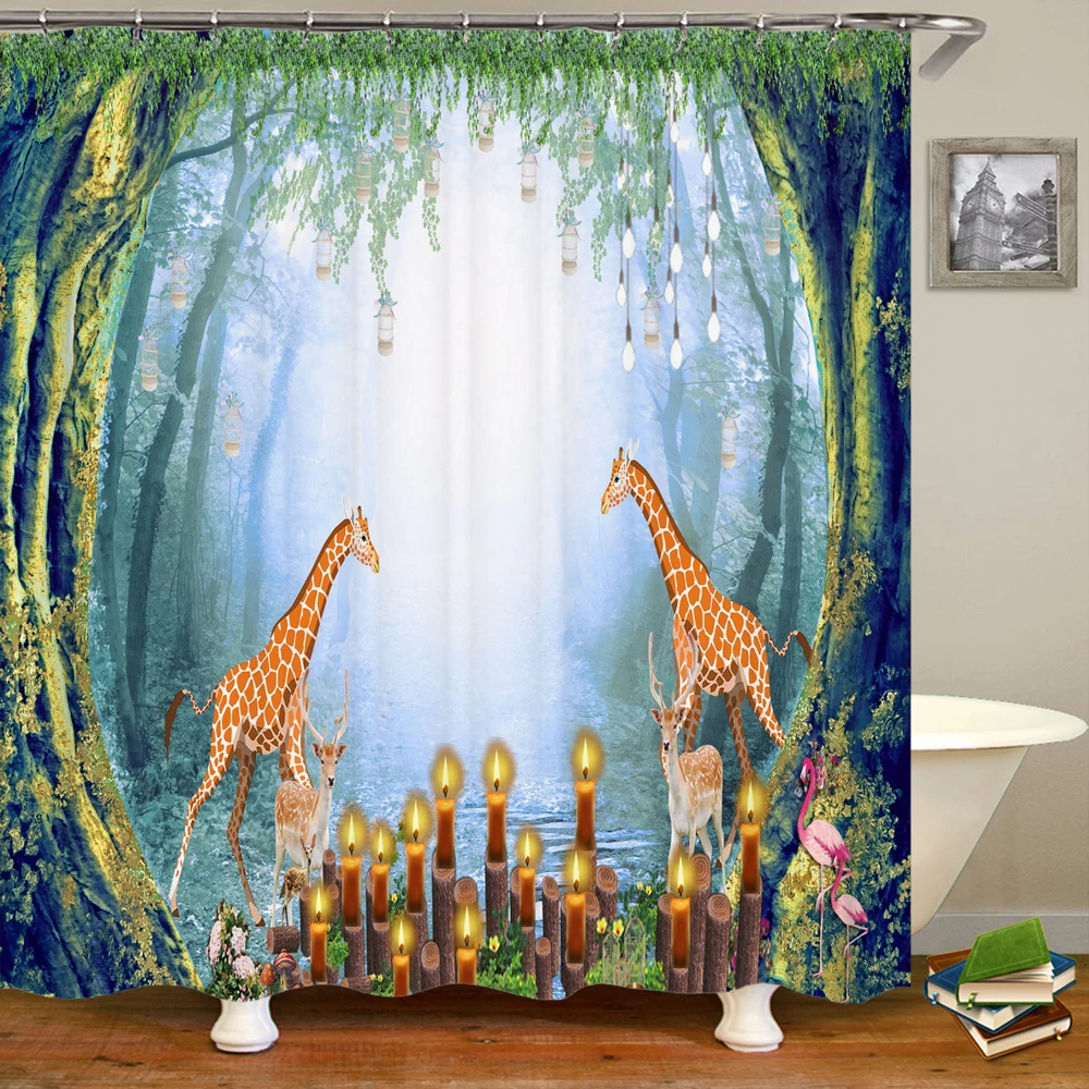 

3D Shower Curtain Nature Forest Animals Landscape Bathroom Curtains Waterproof Fabric with Hooks Home Decoration Bath Screen