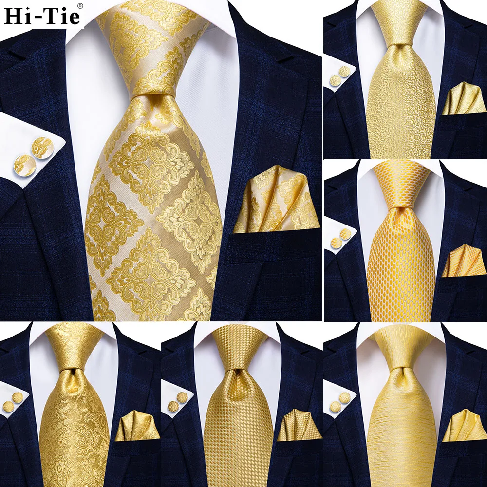 

Yellow Gold Palid Paisley Silk Wedding Tie For Men Hanky Cufflink Gift Men Necktie Gravata Set Business Dropship Hi-Tie Designer