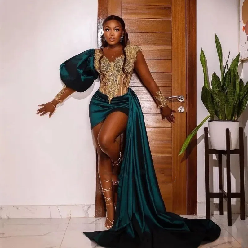 

Темно-зеленые короткие платья для выпускного вечера, черные платья с кружевной аппликацией для девочек на день рождения с боковым хвостом, уникальное вечернее мини-платье Aso Ebi