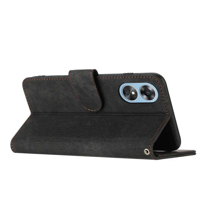 Textured Solid Colors Phone Wallet Case For OPPO A17 A 17 OPA17 OPPOA17 CPH2477 Coque Fundas Matte Flip Cover Protect Bags