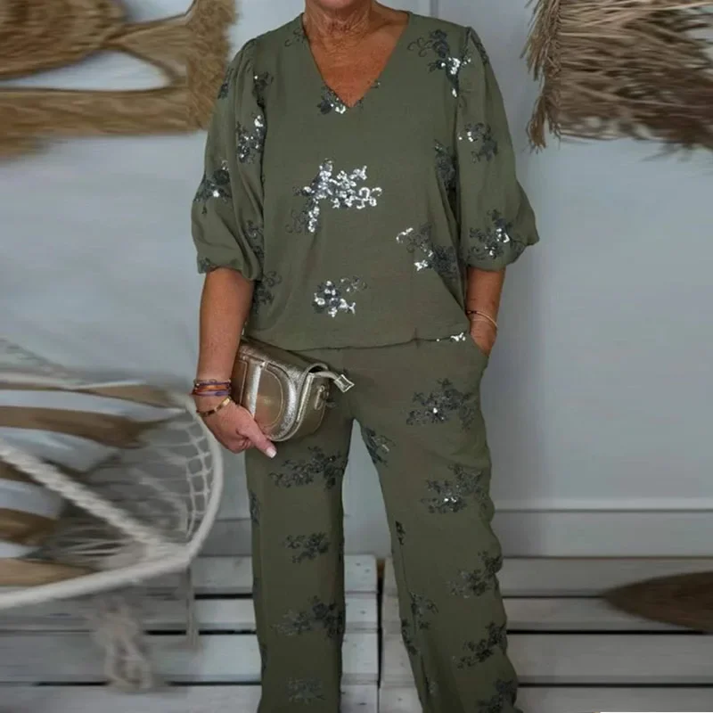 Женский топ и брюки с V-образным вырезом рукавами 3/4 костюмы повседневные