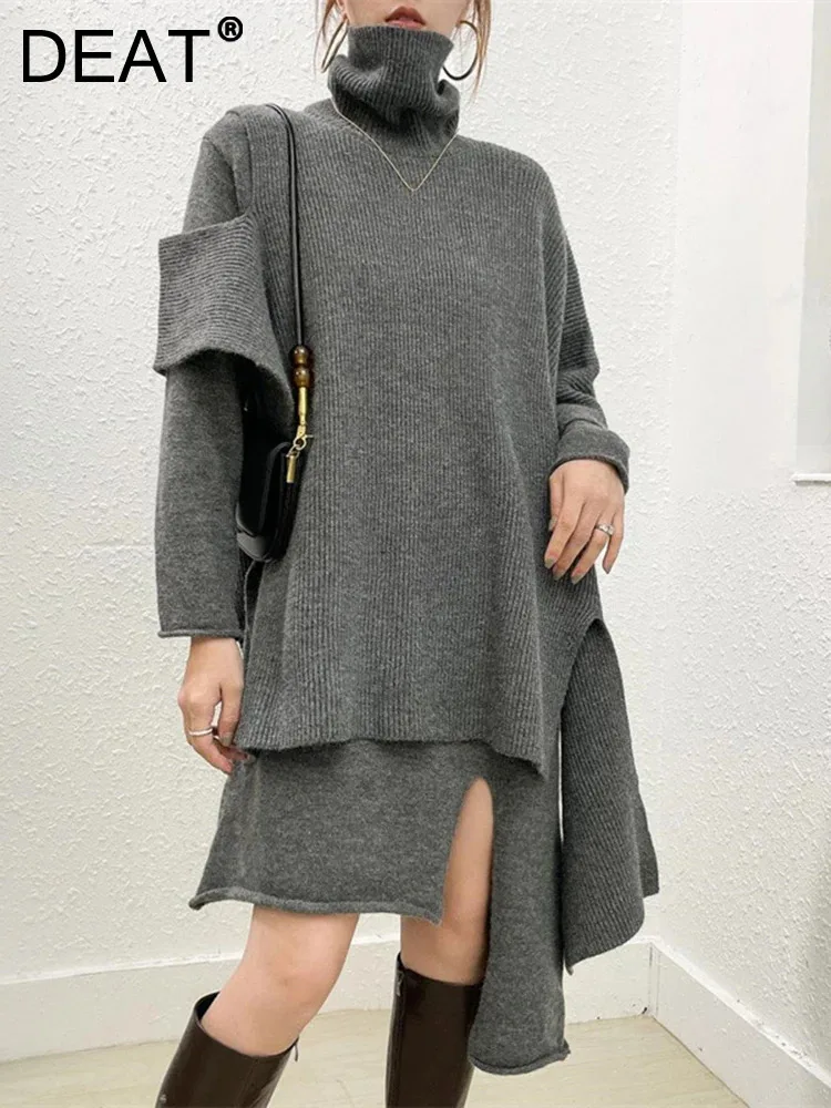 DEAT Элегантный вязаный комплект из 2 предметов водолазка свободный плащ