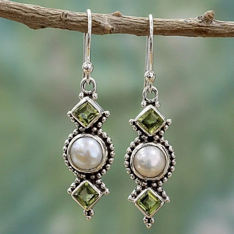 

Vintage Pearl Earrings Olive Green Square Zircon Silver Color Long Womens Earrings for Women Jewelry for Women Drop Earrings