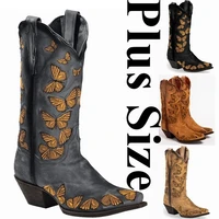 womens tan embroidered butterfly cowgirl boots western boots womens retro knee high boots handmade leather cowboy boots