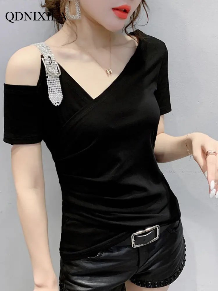 

2023 Korean Fashion Sexy Top Women Off-shoulder V-neck Women's T-shirt Short-sleeve Fashion Women's Clothing Offer Free Shipping