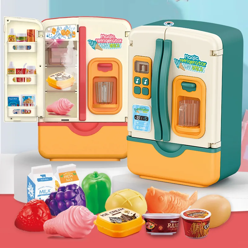 

New Kids Toy Fridge Refrigerator Accessories With Ice Dispenser Role Playing For Kids Kitchen Cutting Food Toys For Girls Boys