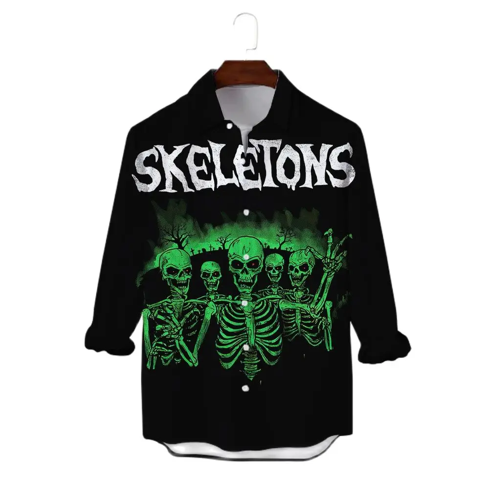 Autumn Terror Skull Print Men's Long-sleeved Shirt Fashion Trend Lapel Shirt Leisure Unisex Street Harajuku Style Oversized Tops