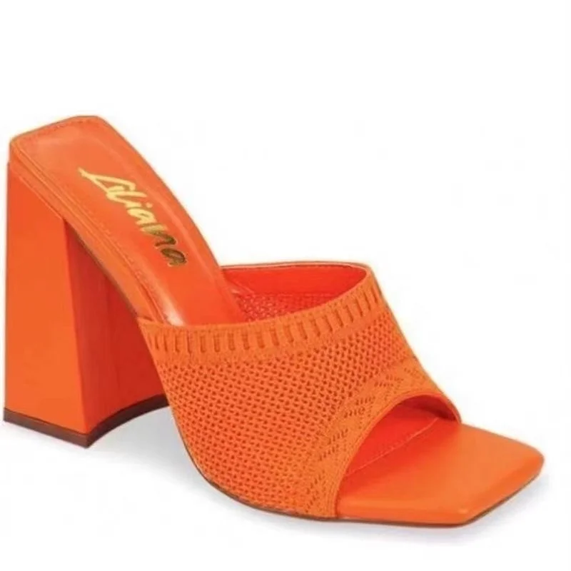 

2022 New Summer Green Triangle Thick Heel Slippers Women Sexy Square Toe Dress Party Shoes High Heels Knitting Pumps Sandalias