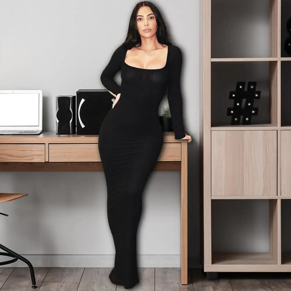 

Chic Lady Dress Pullover Comfy Maxi Dress Spring Autumn Solid Color Bodycon Maxi Dress