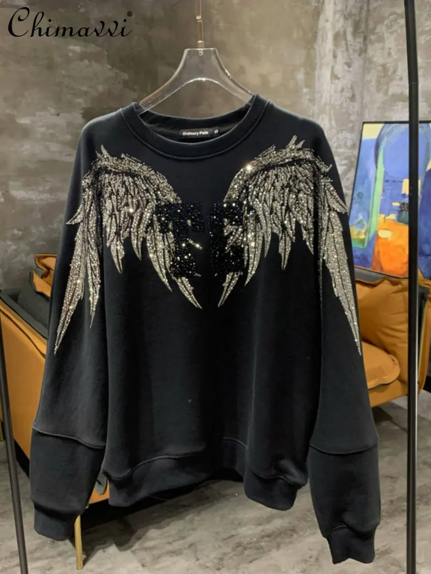 Luxury Black Big Wings Women's Fashion Streetwear Sweatshirt 2022 Autumn New Elegant Casual Hot Drilling Pullover Hoodie Top