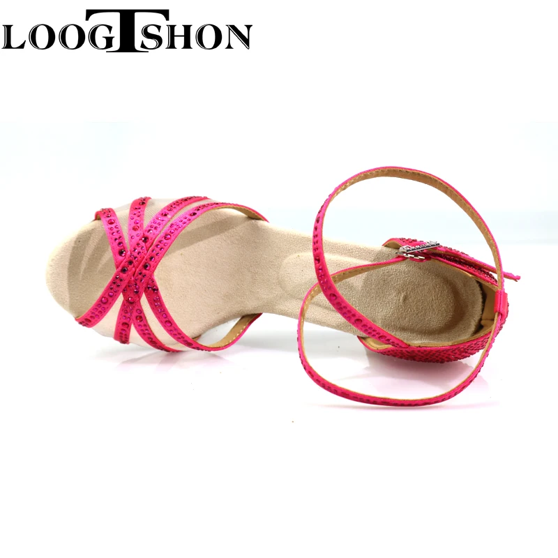 Loogtshon  Dance shoes 5 strips cross pattern red satin and red crystal rhinestones heel 7.5cm Suitable for all types of dance