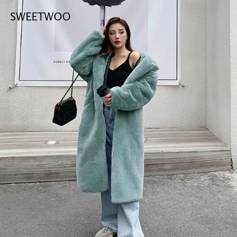 2022 Winter Hooded Women Faux Fur Coat Ladies Thick Warm Outwear Long Fur Jacket Casaco Feminino Inverno Tedy Contracted Slim