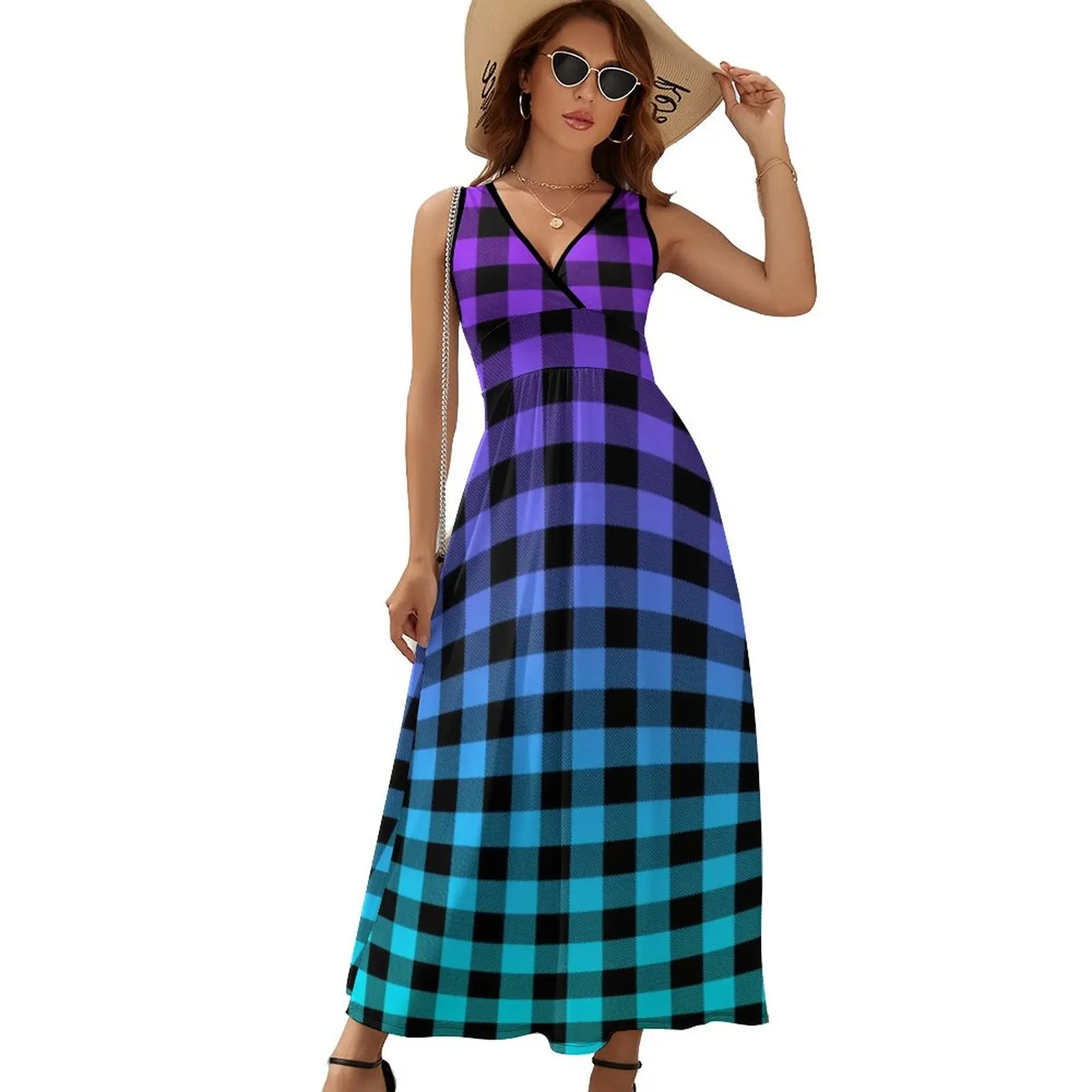 

Purple Ombre Dress Black Plaid Print Basic Boho Beach Long Dresses Women Modern Maxi Dress Trendy Clothing Gift Idea
