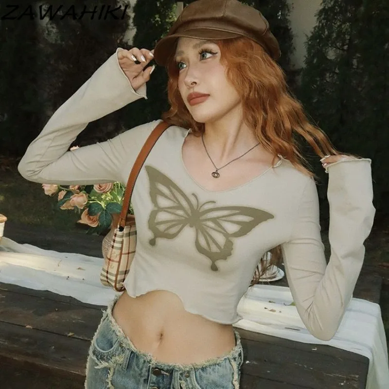 

Женская винтажная рубашка с длинным рукавом, V-образным вырезом и принтом в виде бабочек