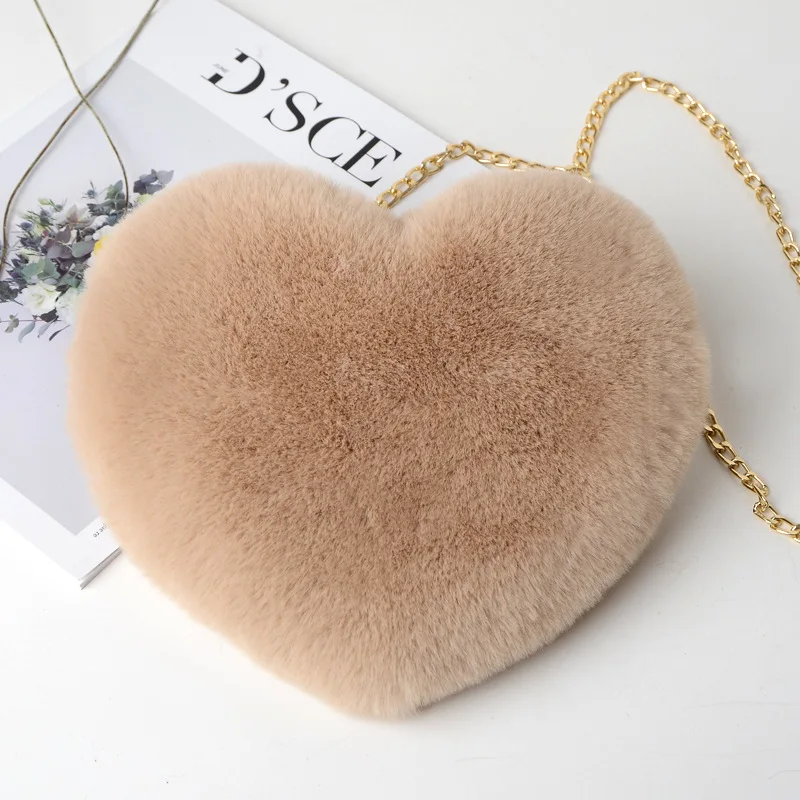 Fashion Women's Heart Shaped Handbags Cute Kawaii Faux Fur Crossbody Bags Wallet Purse Plush Chain Shoulder Bag Lady Handbag