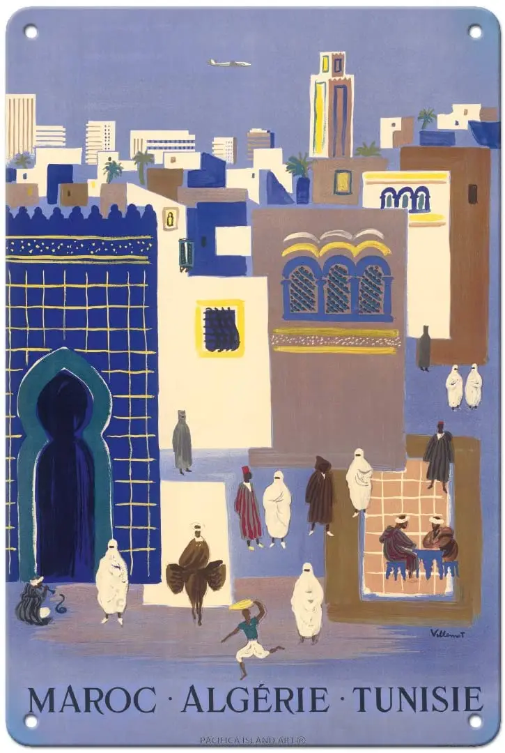 

Pacifica Island Art Maroc AlgerieTunisie - Vintage Airline Travel Poster by Bernard Villemot c.1952 Vintage Metal Tin Sign