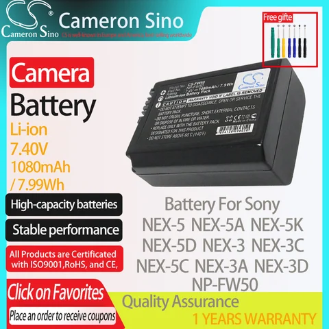 Аккумулятор CameronSino для Sony NEX-5, NEX-5A, NEX-5K, NEX-5D, NEX-3, NEX-3C, NEX-5C, NEX-3A, подходит для цифровых фотоаппаратов Sony NP-FW50