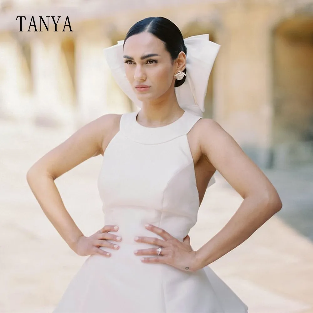 Элегантное свадебное платье с круглым вырезом атласное ТРАПЕЦИЕВИДНОЕ ПЛАТЬЕ С