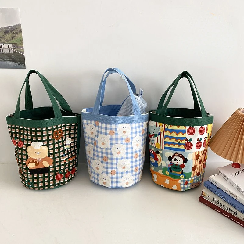 

Checker Printed Bucket Bag Handheld Lunch Box Snack Sundries Storage Handbag Cylinder Canvas Bag