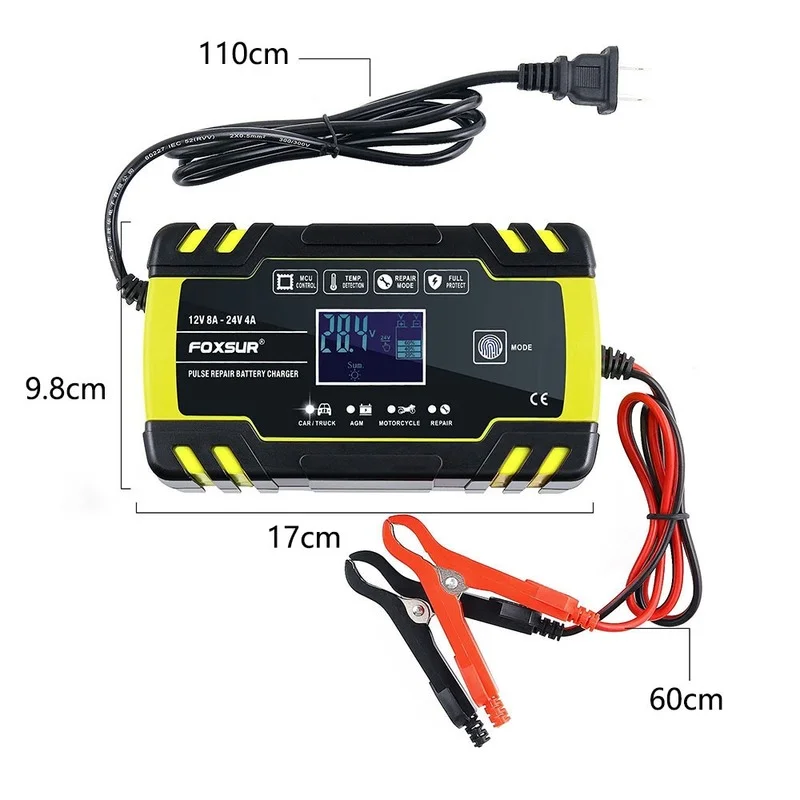

3-stage Automatic Car Battery Charger 12V 24V 8A Smart Battery Charger for Truck ATV RV SLA AGM GEL Battery Moto Repair Display