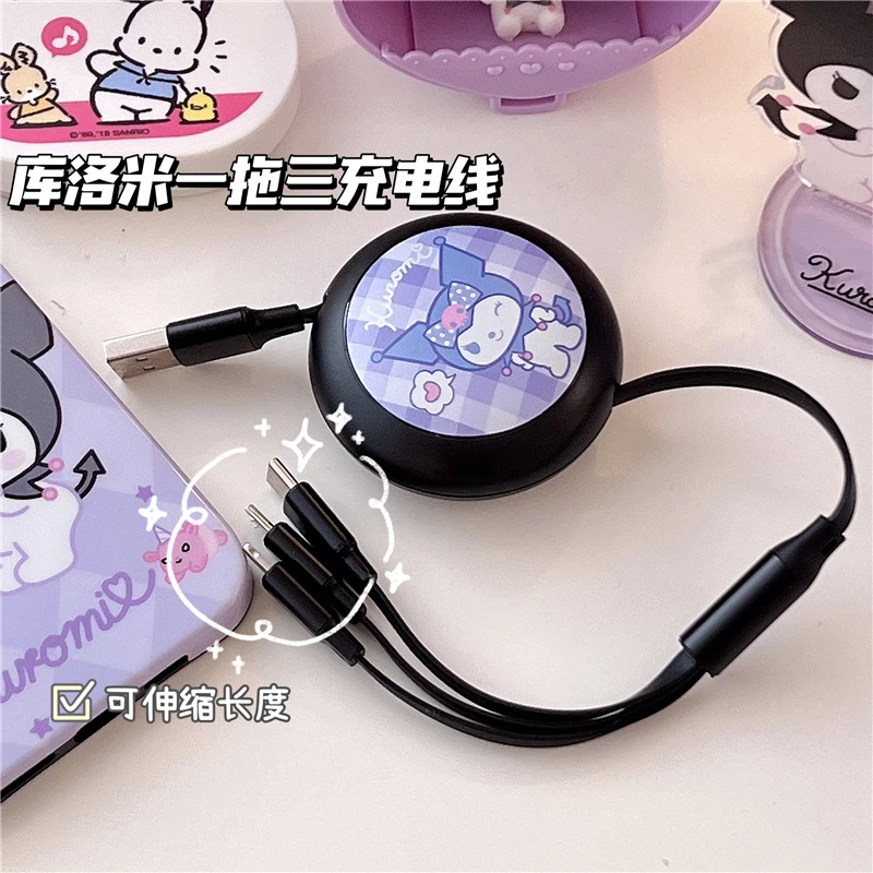 

Cartoon Kuromi Car Data Cable One Drag Three In One Charging Cable Suitable for Mini Cute Cellphone Data Line Decoration Anime