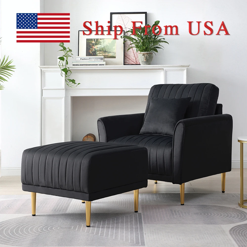 

Black Velvet Armchair With Ottoman Single Chair Set Comfy Reading Leisure Lounging Daybed For Living Room Bedroom Modern Sofas