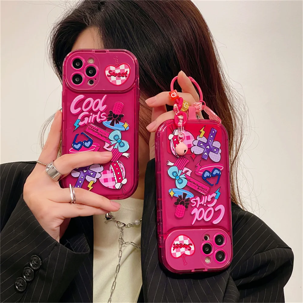 

Sweet and cool girl rose red sticker cover for iphone14Promax Apple 13/12/11 xr phone case with makeup mirror and bracket