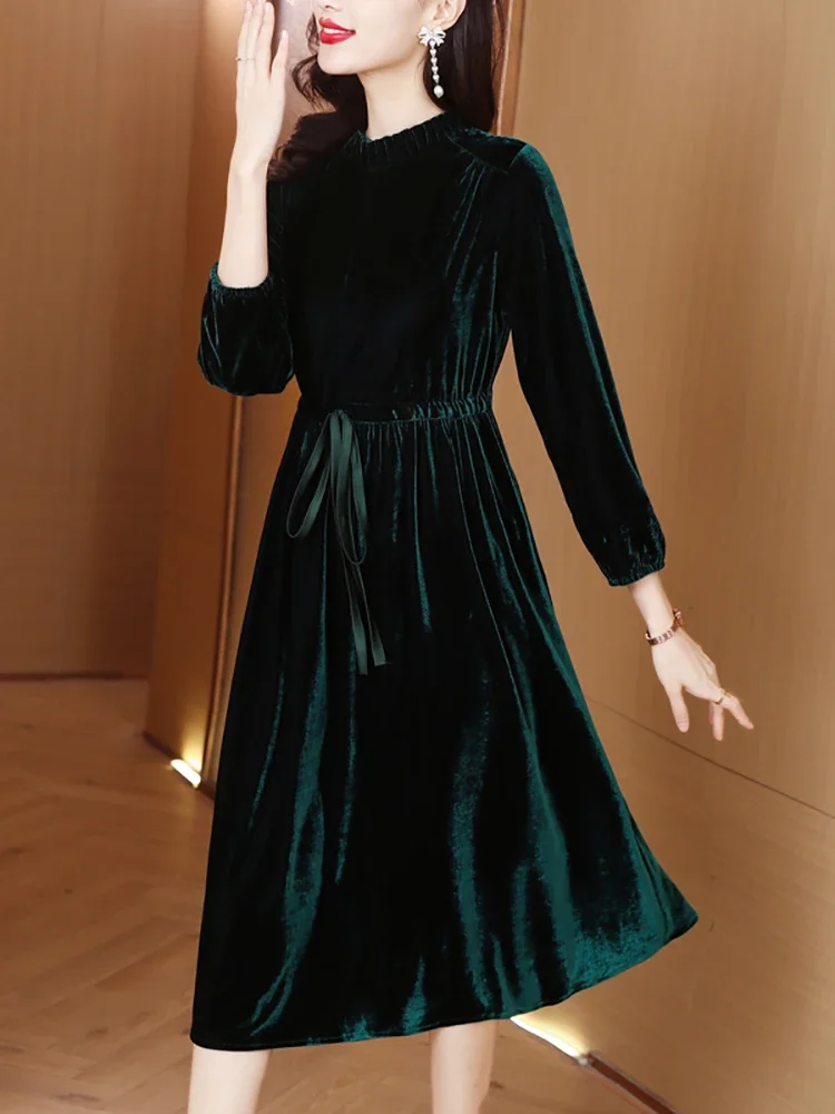 

Женское однотонное бархатное плотное теплое платье миди осень-зима элегантное облегающее платье с длинным рукавом 2023 корейское винтажное платье в стиле Хепберн