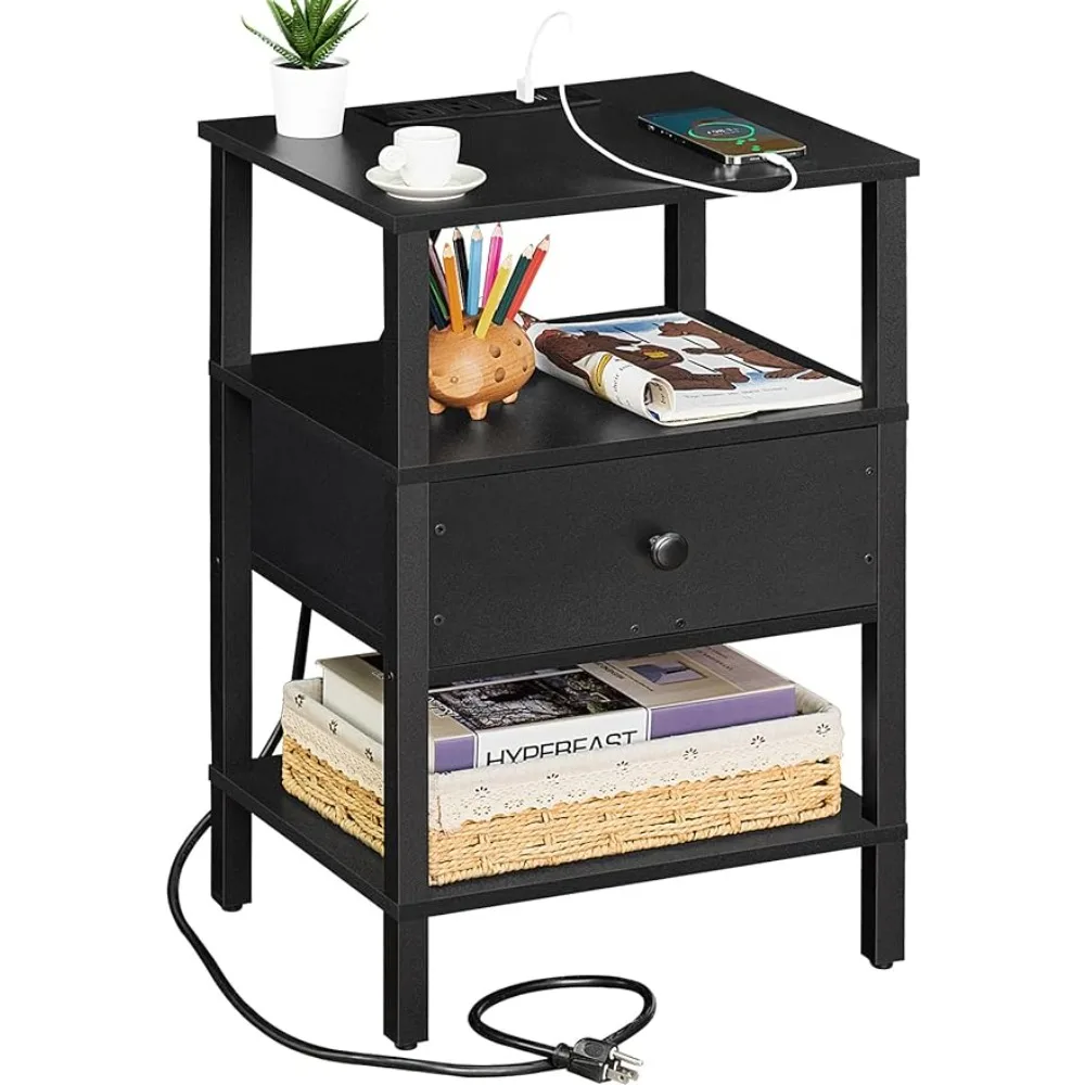 Nightstand with Charging Station and USB Ports, 3-Tier Storage End Table with Drawer Shelf, Night Stand for Small Spaces