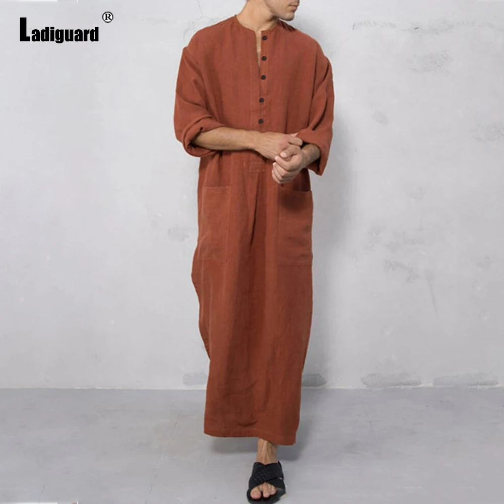 Ladiguard Plus Size Men Long Sleeve Muslim Islamic Kaftan Arab Vintage Button Up Dress Man Stand Pocket Thobe Robe Clothing 2022