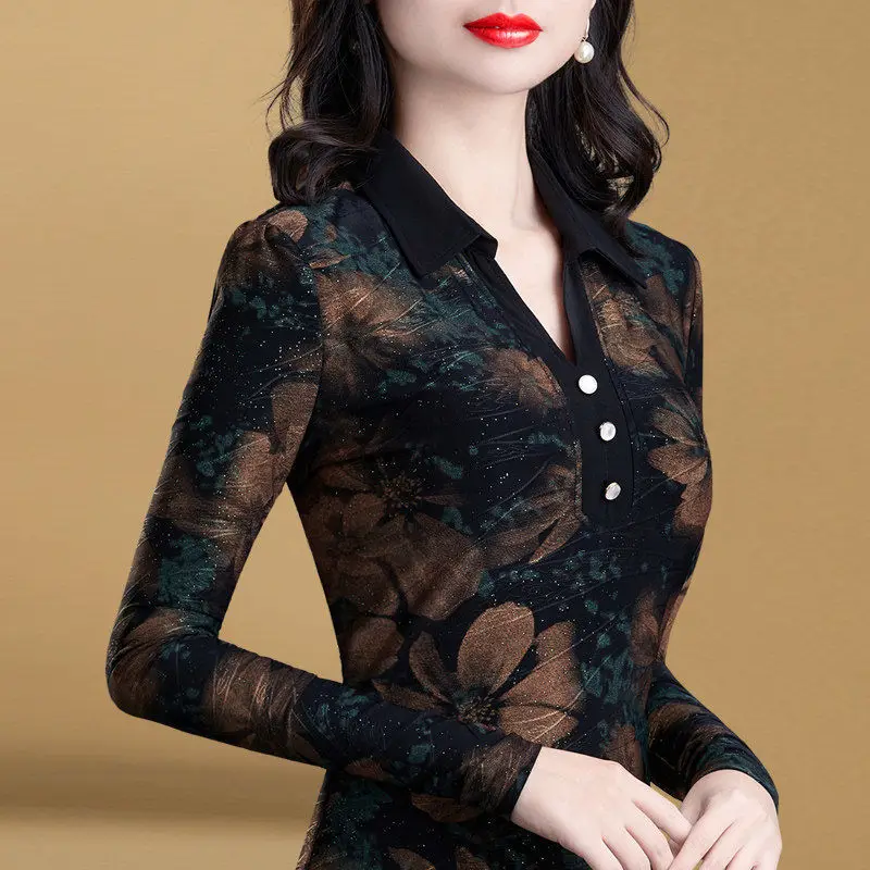 

Женская рубашка-поло с принтом, Тонкая Блузка-поло с принтом, весна-осень 2023